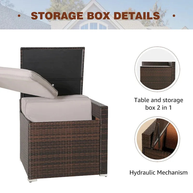 Ensemble de mobilier de jardin en rotin marron et gris 8 pièces comprenant 6 canapés, 1 table basse, un coffre de rangement et des coussins.