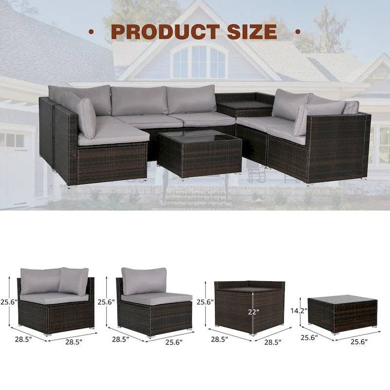 Ensemble de mobilier de jardin en rotin marron et gris 8 pièces comprenant 6 canapés, 1 table basse, un coffre de rangement et des coussins.