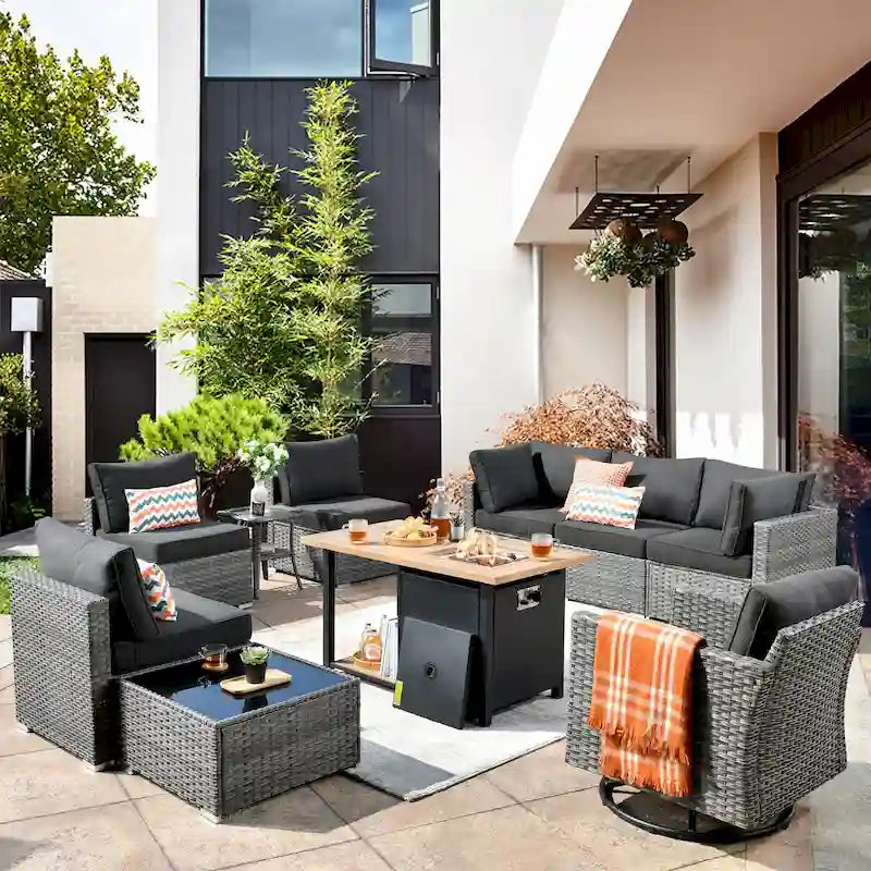 Ensemble de mobilier de jardin en résine tressée XIZZI 10 pièces avec table foyer