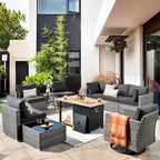 Ensemble de mobilier de jardin en résine tressée XIZZI 10 pièces avec table foyer