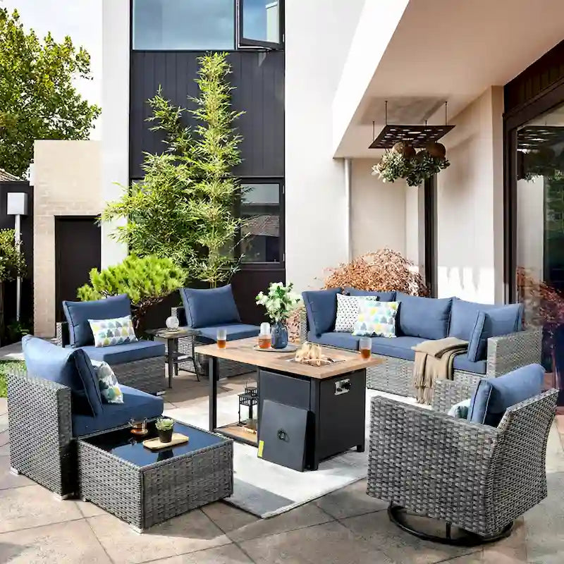 Ensemble de mobilier de jardin en résine tressée XIZZI 10 pièces avec table foyer