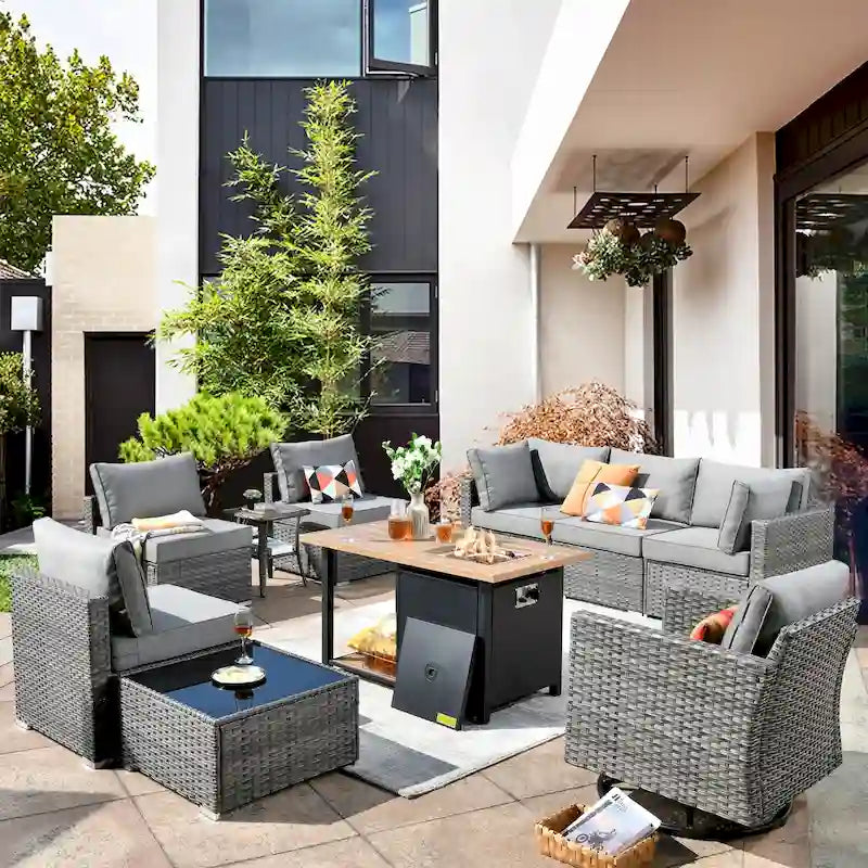 Ensemble de mobilier de jardin en résine tressée XIZZI 10 pièces avec table foyer