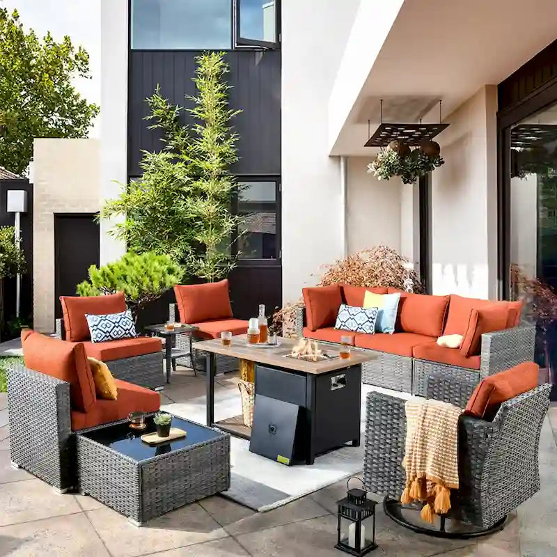 Ensemble de mobilier de jardin en résine tressée XIZZI 10 pièces avec table foyer