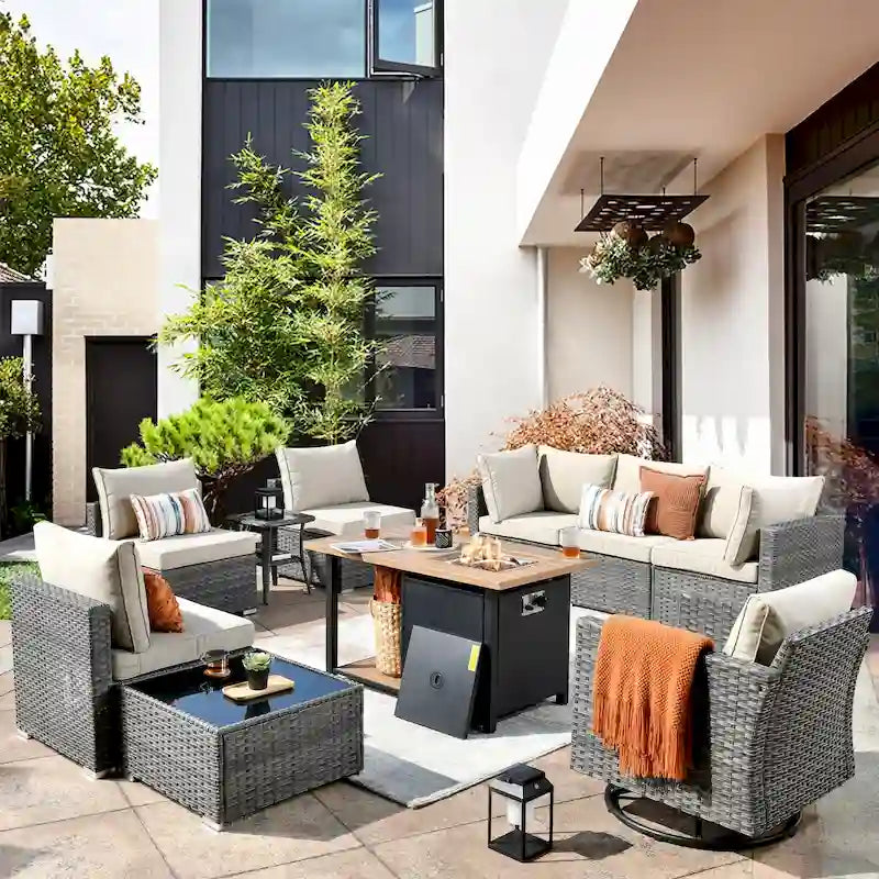 Ensemble de mobilier de jardin en résine tressée XIZZI 10 pièces avec table foyer