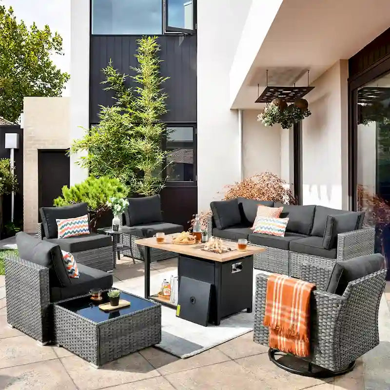 Ensemble de mobilier de jardin en résine tressée XIZZI 10 pièces avec table foyer