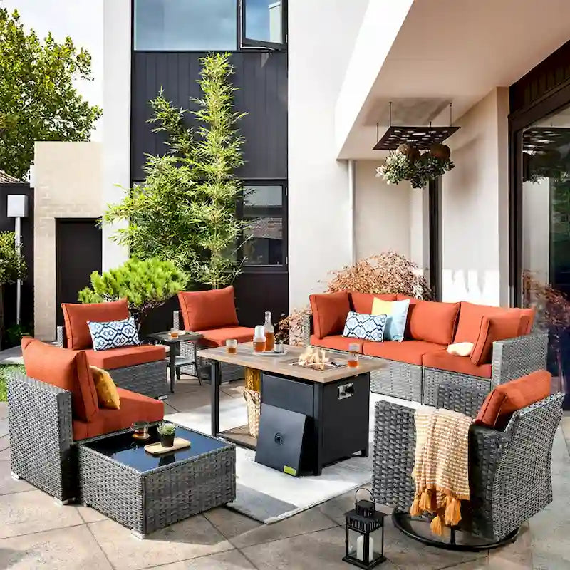 Ensemble de mobilier de jardin en résine tressée XIZZI 10 pièces avec table foyer