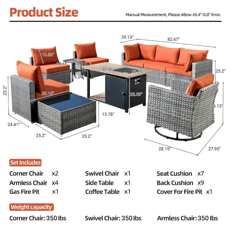 Ensemble de mobilier de jardin en résine tressée XIZZI 10 pièces avec table foyer
