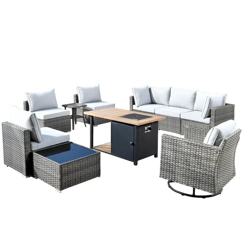 Ensemble de mobilier de jardin en résine tressée XIZZI 10 pièces avec table foyer