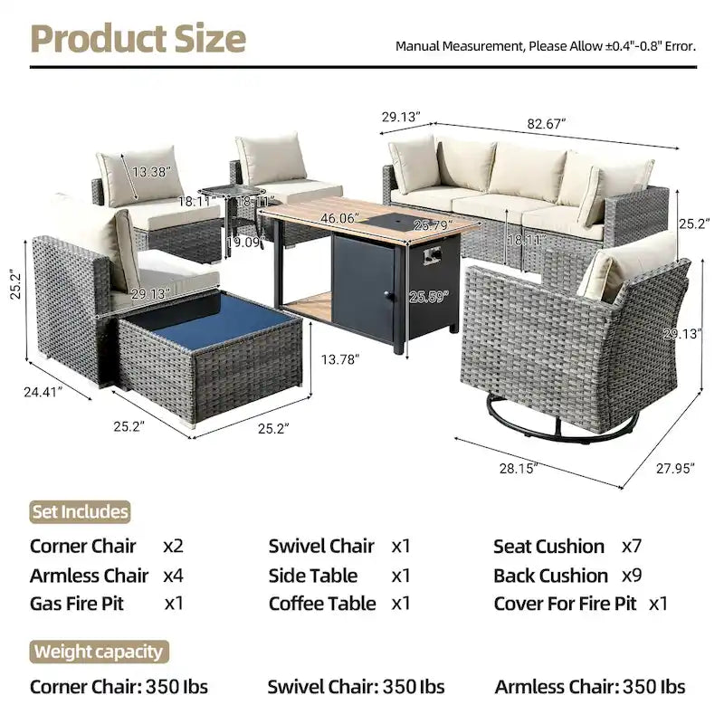 Ensemble de mobilier de jardin en résine tressée XIZZI 10 pièces avec table foyer