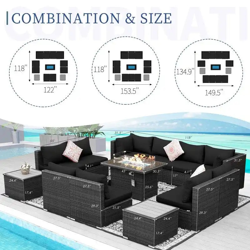 Ensemble de mobilier de jardin en résine tressée FINCATI avec canapé d'angle et foyer