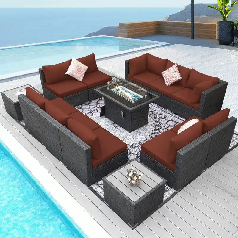 Ensemble de mobilier de jardin en résine tressée FINCATI avec canapé d'angle et foyer