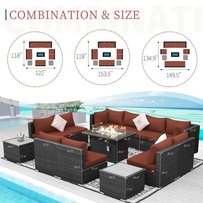 Ensemble de mobilier de jardin en résine tressée FINCATI avec canapé d'angle et foyer
