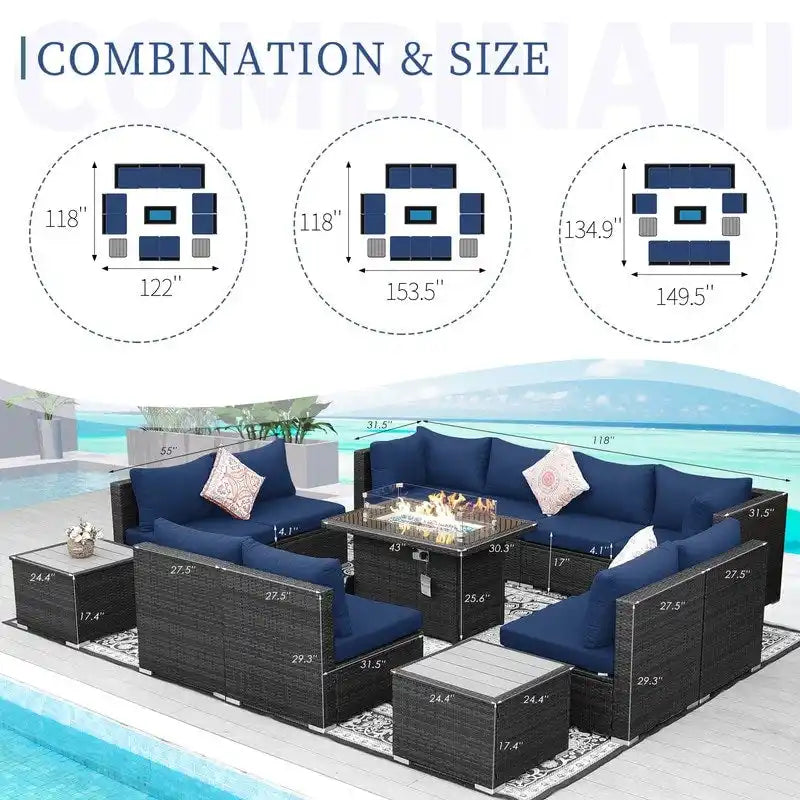 Ensemble de mobilier de jardin en résine tressée FINCATI avec canapé d'angle et foyer