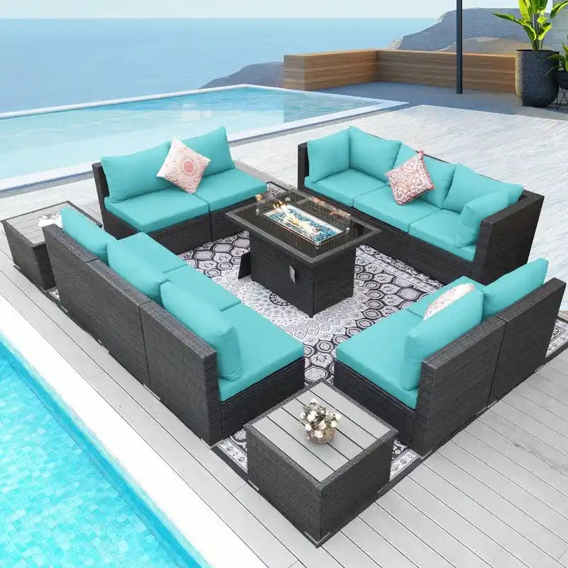 Ensemble de mobilier de jardin en résine tressée FINCATI avec canapé d'angle et foyer