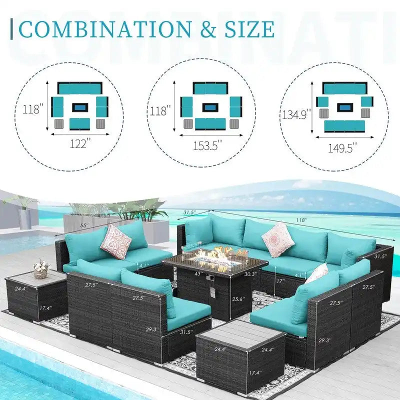 Ensemble de mobilier de jardin en résine tressée FINCATI avec canapé d'angle et foyer