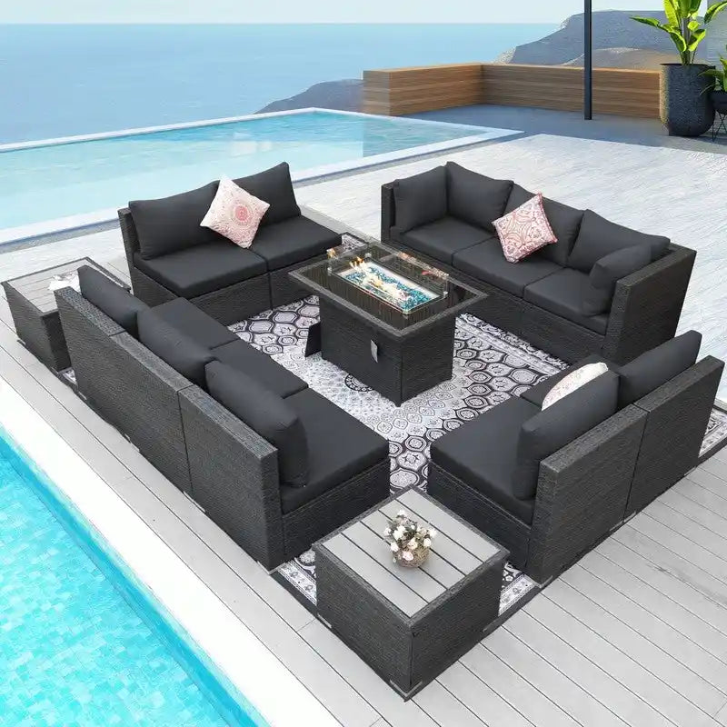 Ensemble de mobilier de jardin en résine tressée FINCATI avec canapé d'angle et foyer