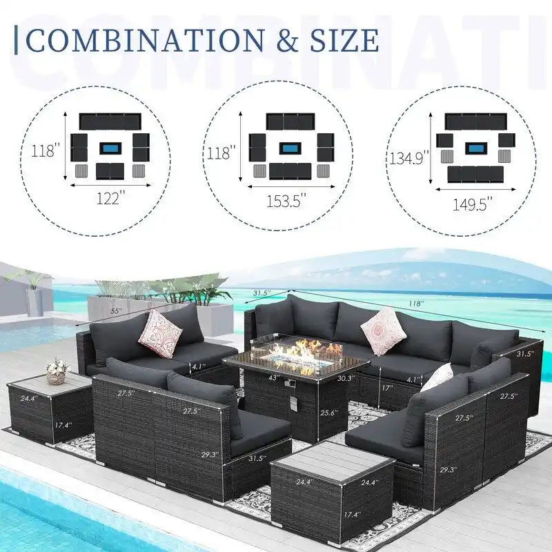 Ensemble de mobilier de jardin en résine tressée FINCATI avec canapé d'angle et foyer