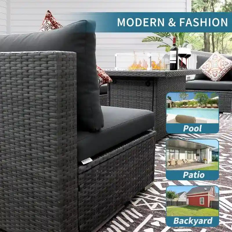 Ensemble de mobilier de jardin en résine tressée FINCATI avec canapé d'angle et foyer