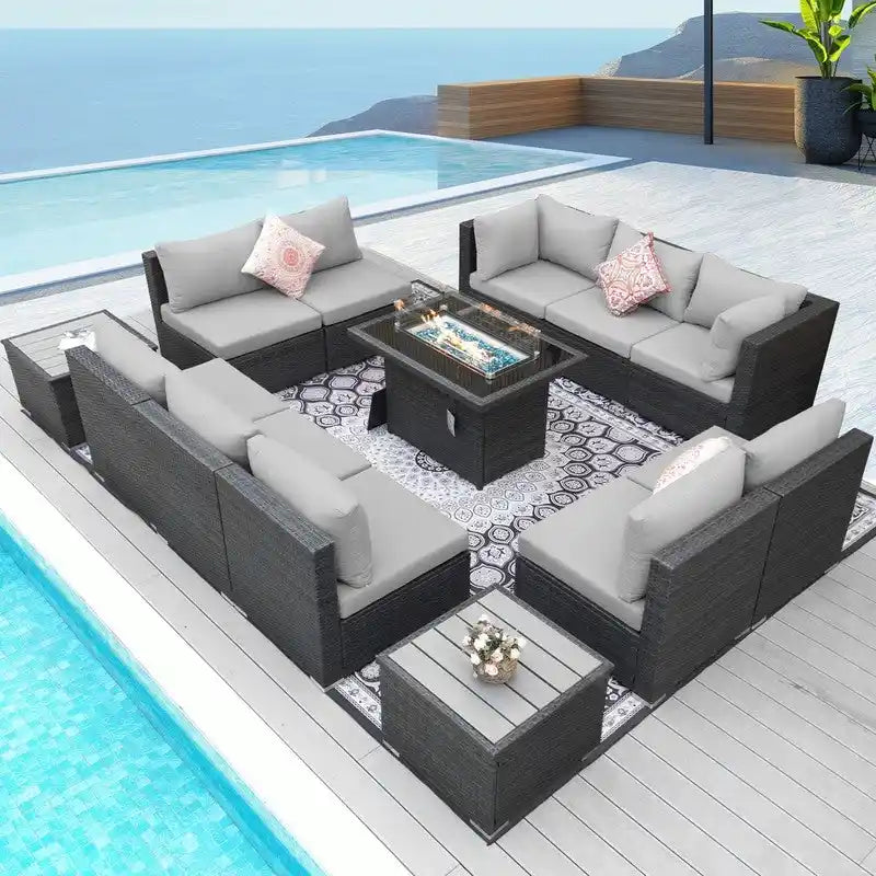 Ensemble de mobilier de jardin en résine tressée FINCATI avec canapé d'angle et foyer
