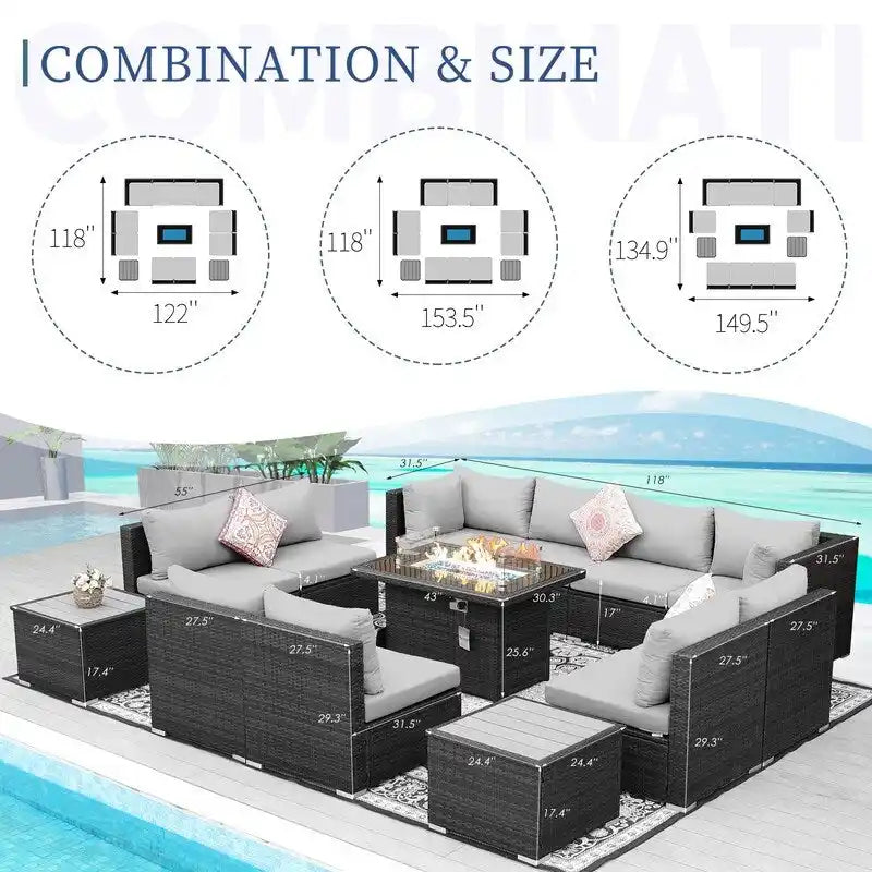 Ensemble de mobilier de jardin en résine tressée FINCATI avec canapé d'angle et foyer