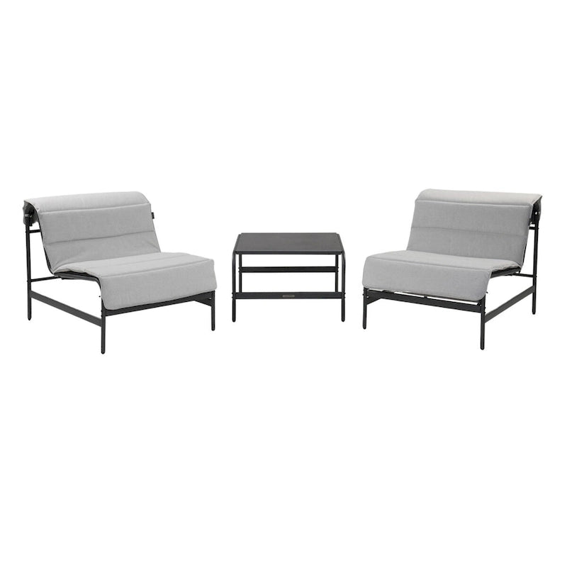 Ensemble de 3 chaises longues et table d'extérieur avec coussins amovibles