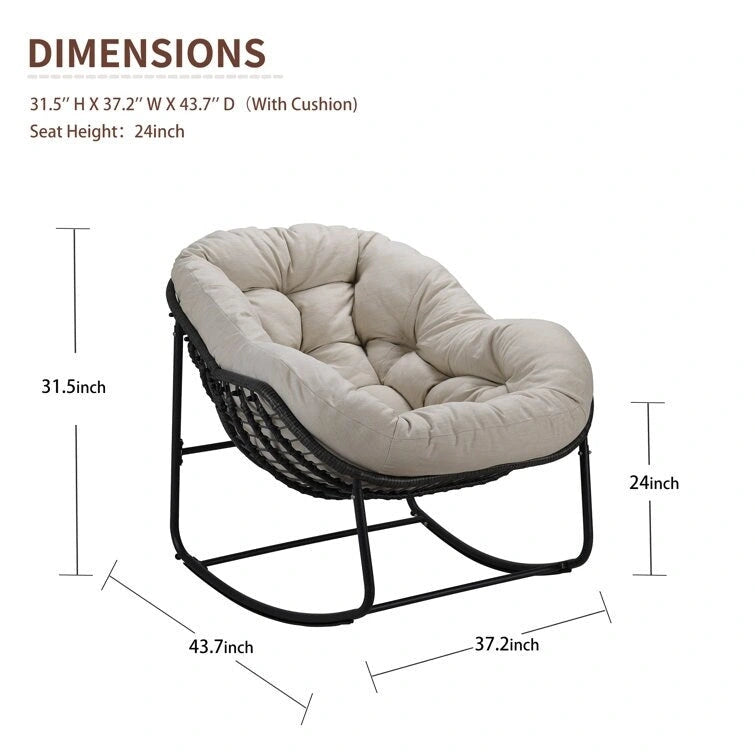 Fauteuil à bascule d'extérieur en rotin avec structure métallique et coussins, largeur 37,2 po