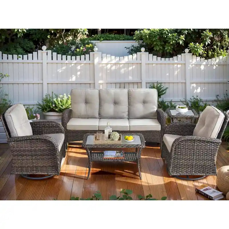 Canapé de patio avec 2 fauteuils pivotants et table basse - Marron