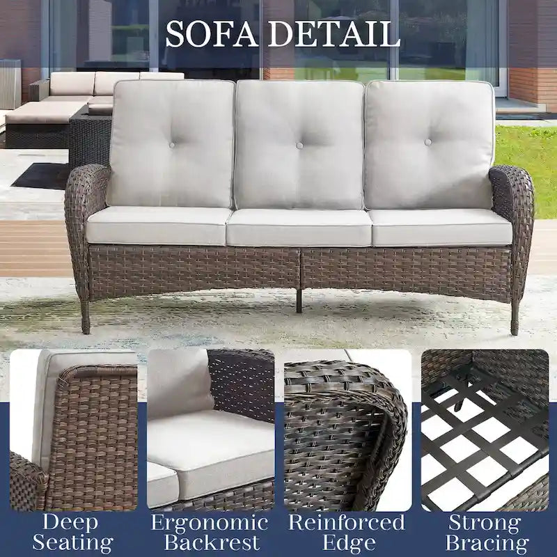 Canapé de patio avec 2 fauteuils pivotants et table basse - Marron