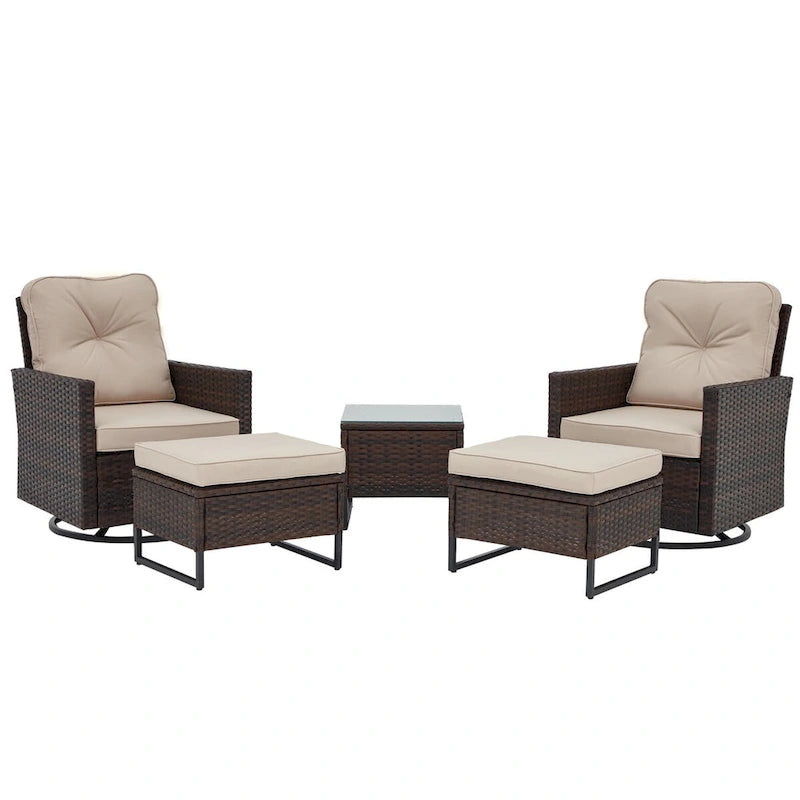 Ensemble de 5 fauteuils à bascule pivotants en osier pour extérieur AVAWING avec 2 poufs et 1 table d'appoint