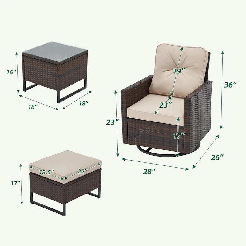 Ensemble de 5 fauteuils à bascule pivotants en osier pour extérieur AVAWING avec 2 poufs et 1 table d'appoint