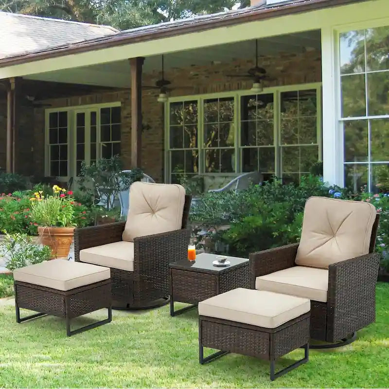 Ensemble de 5 fauteuils à bascule pivotants en osier pour extérieur AVAWING avec 2 poufs et 1 table d'appoint