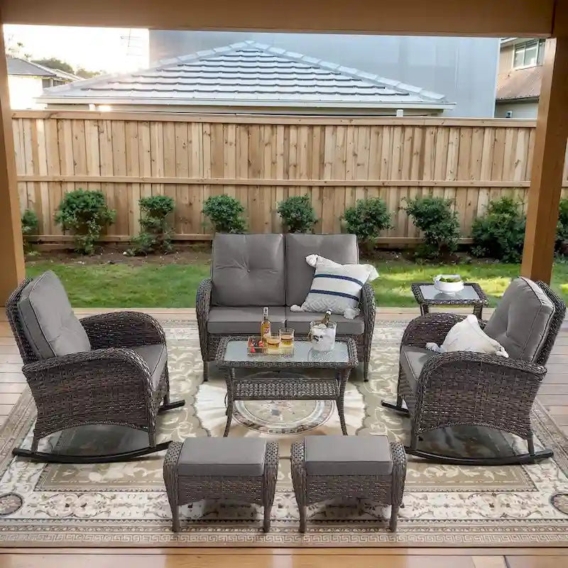 2 Rocker Chairs Ottoman with Loveseat Sofa Coffee Table - Brown