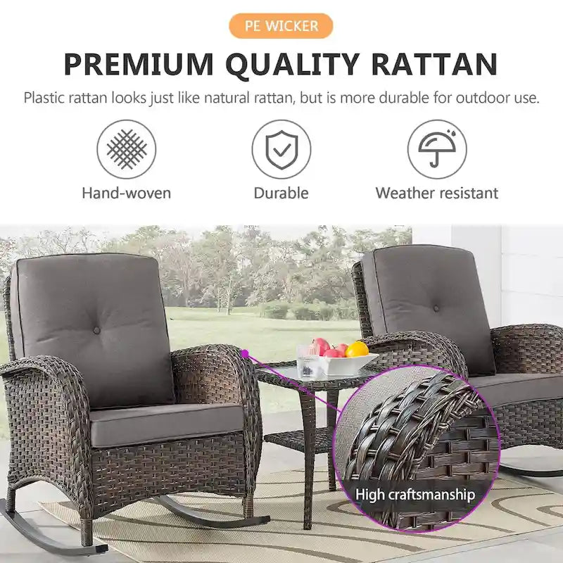 Ensemble de 2 fauteuils à bascule, pouf, canapé deux places et table basse - Marron