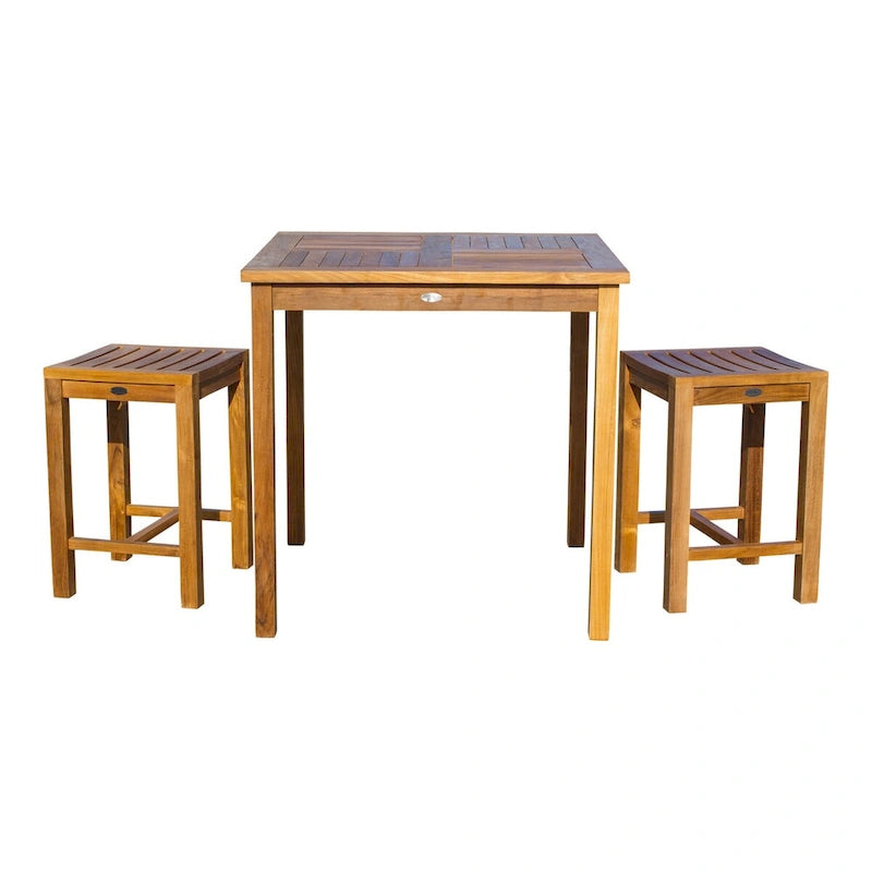 Ensemble de salle à manger bistro Chic Teak en teck, 3 pièces, modèle Seville, hauteur comptoir moyenne, avec 2 tabourets de bar et une table carrée de 35 pouces.