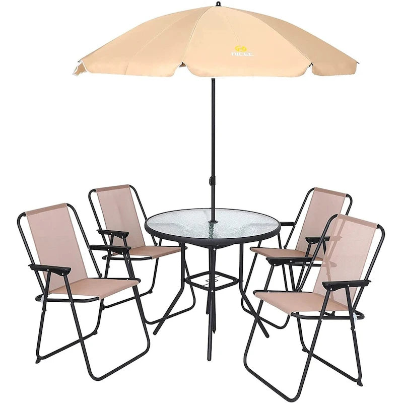 Ensemble de salle à manger pour patio, ensemble de 6 meubles de jardin avec parasol inclinable, table ronde de 31,5 pouces et 4 chaises pliantes (beige)