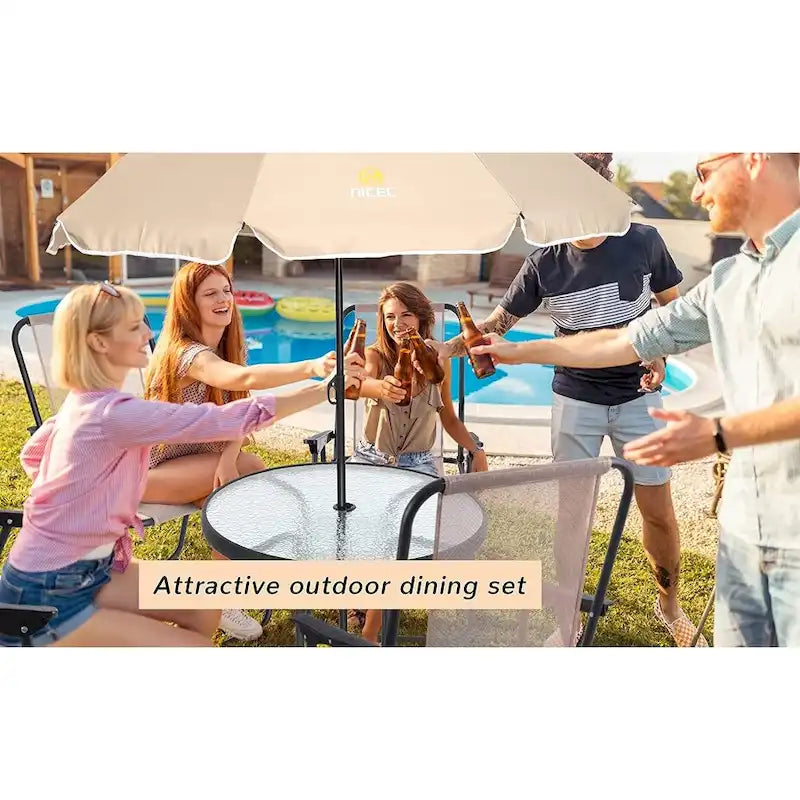 Ensemble de salle à manger pour patio, ensemble de 6 meubles de jardin avec parasol inclinable, table ronde de 31,5 pouces et 4 chaises pliantes (beige)