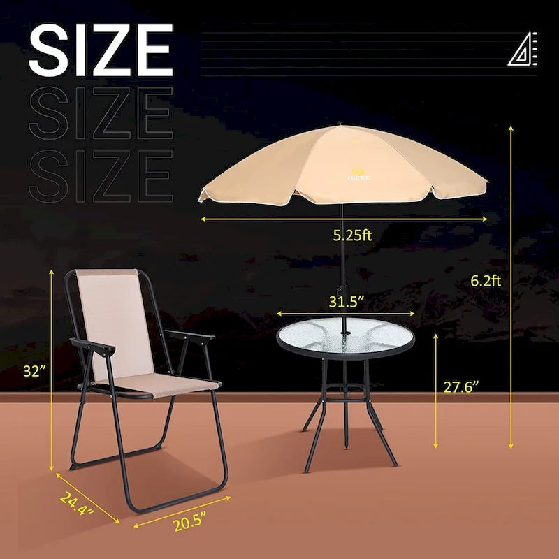 Ensemble de salle à manger pour patio, ensemble de 6 meubles de jardin avec parasol inclinable, table ronde de 31,5 pouces et 4 chaises pliantes (beige)