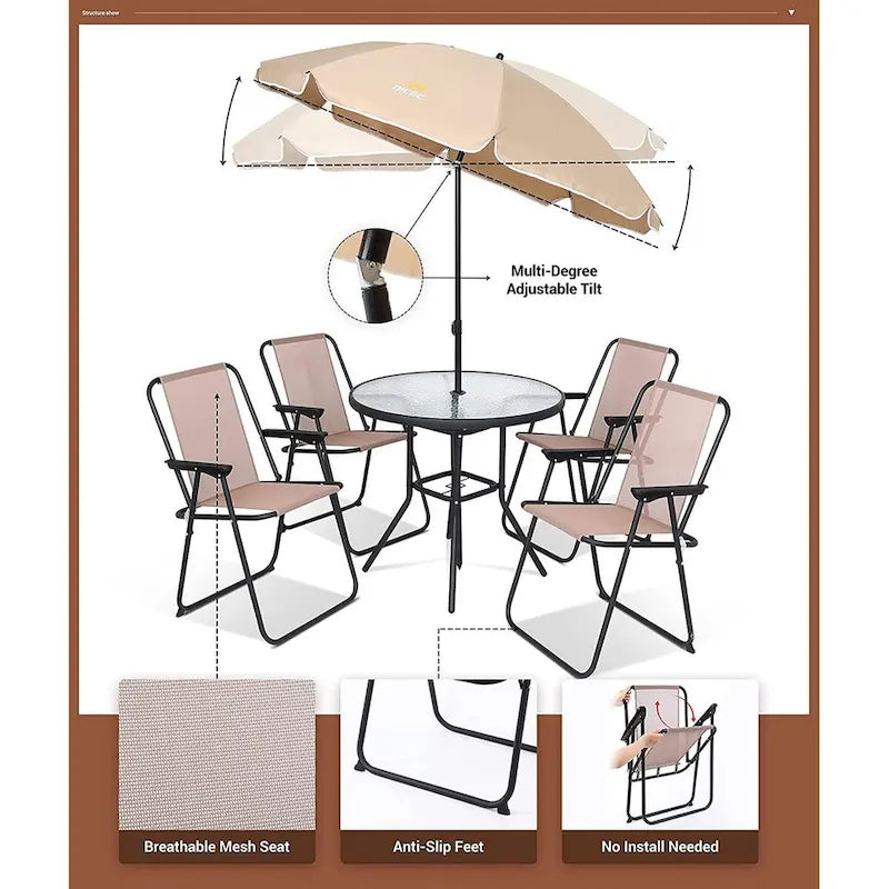Ensemble de salle à manger pour patio, ensemble de 6 meubles de jardin avec parasol inclinable, table ronde de 31,5 pouces et 4 chaises pliantes (beige)