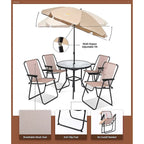Ensemble de salle à manger pour patio, ensemble de 6 meubles de jardin avec parasol inclinable, table ronde de 31,5 pouces et 4 chaises pliantes (beige)