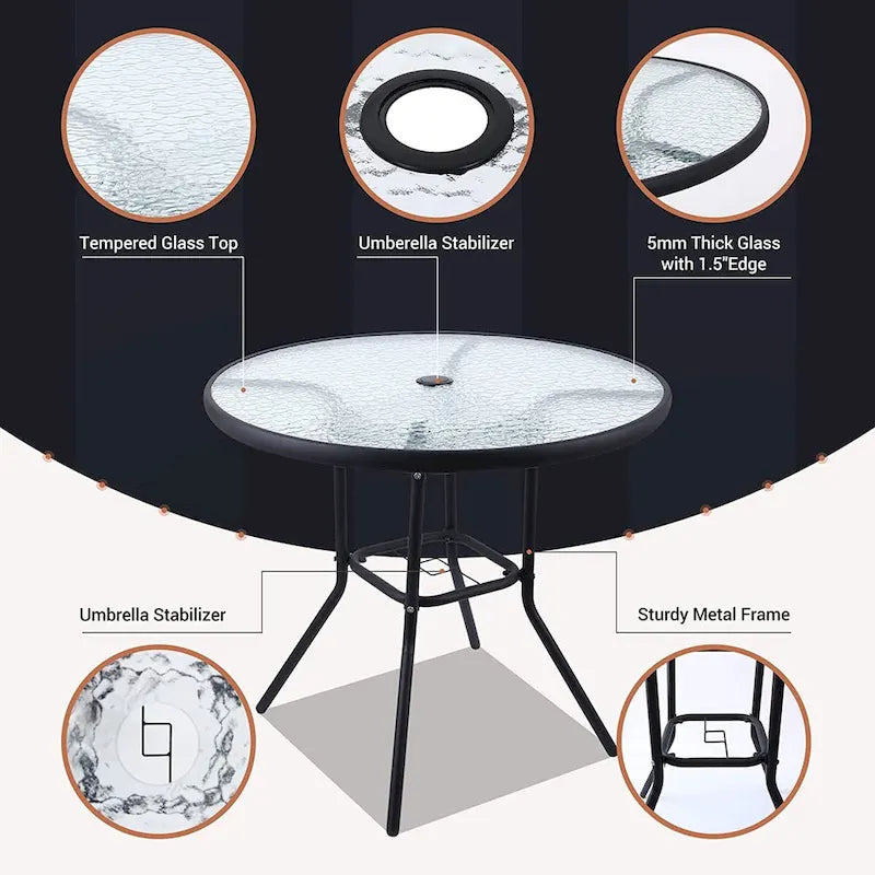 Ensemble de salle à manger pour patio, ensemble de 6 meubles de jardin avec parasol inclinable, table ronde de 31,5 pouces et 4 chaises pliantes (beige)