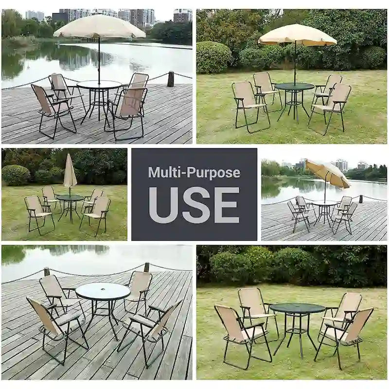 Ensemble de salle à manger pour patio, ensemble de 6 meubles de jardin avec parasol inclinable, table ronde de 31,5 pouces et 4 chaises pliantes (beige)