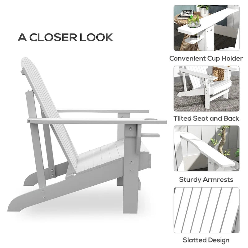 Chaise Adirondack rustique en bois pour terrasse extérieure avec porte-gobelet, résistante aux intempéries