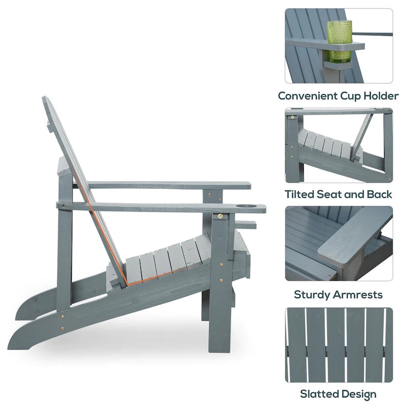 Chaise Adirondack rustique en bois pour terrasse extérieure avec porte-gobelet, résistante aux intempéries