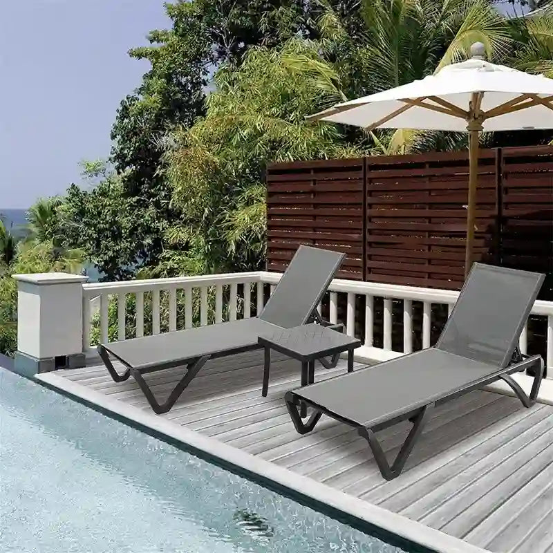 Chaise longue de patio en aluminium 3 pièces avec table d'appoint et 5 positions réglables