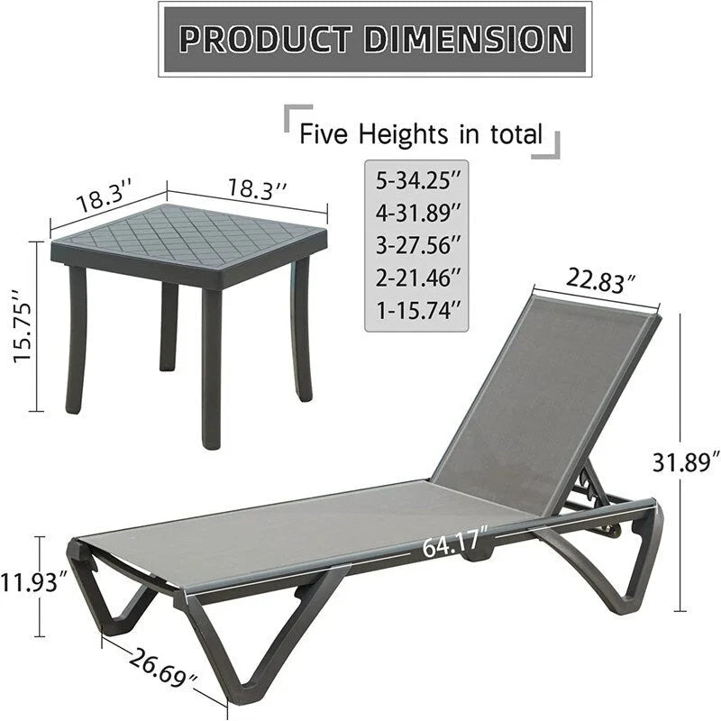 Chaise longue de patio en aluminium 3 pièces avec table d'appoint et 5 positions réglables