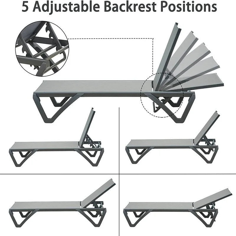 Chaise longue de patio en aluminium 3 pièces avec table d'appoint et 5 positions réglables