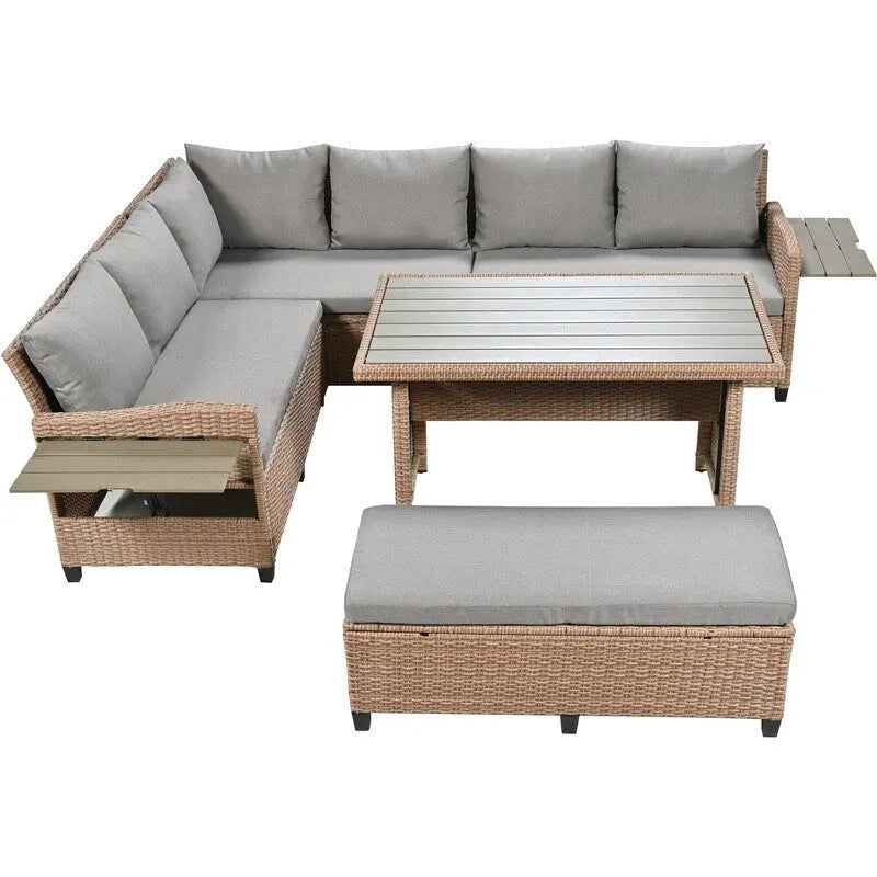 Ensemble de canapé d'angle en rotin 5 pièces avec 2 tables d'appoint extensibles