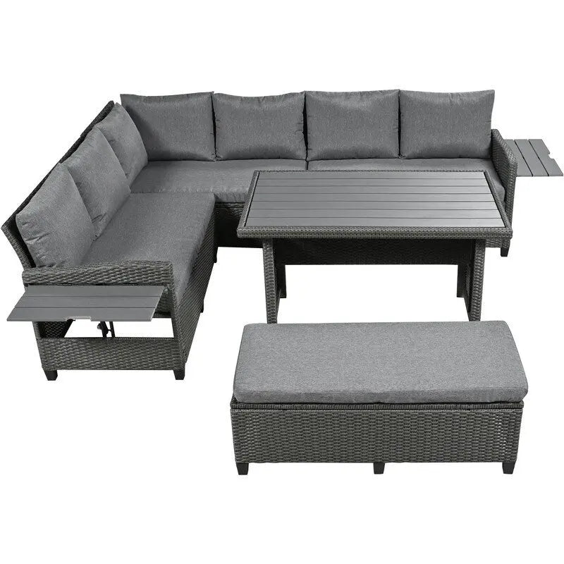 Ensemble de canapé d'angle en rotin 5 pièces avec 2 tables d'appoint extensibles