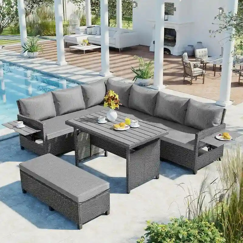 Ensemble de canapé d'angle en rotin 5 pièces avec 2 tables d'appoint extensibles