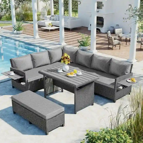 Ensemble de canapé d'angle en rotin 5 pièces avec 2 tables d'appoint extensibles
